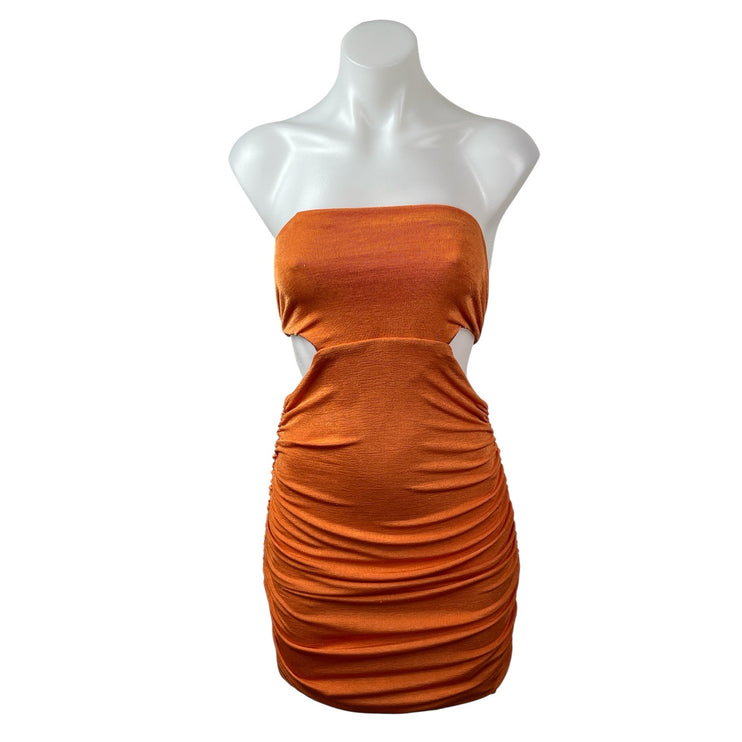 Tiger Mist Coral Strapless Tube Bandeau Cutout Tie Ruched Mini Bodycon Dress M
