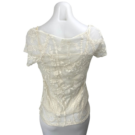 Adiva Women's White Floral Embroidered Lace Overlay Short Sleeve Bloue Top Sz S