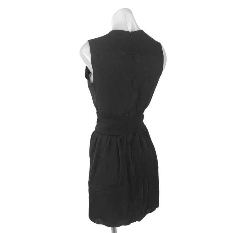 Theory Black 100% Silk Crew-Neck Sleeveless Shirred A-Line Mini Shift Dress Sz 2