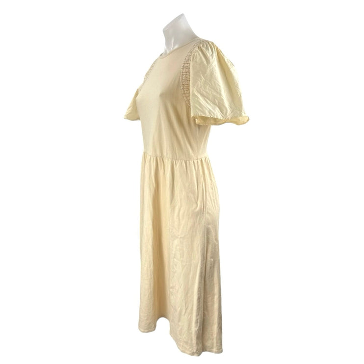 Who What Wear Women's Cream Smocked Puff Sleeve Summer Midi Flare A-Line Dress S