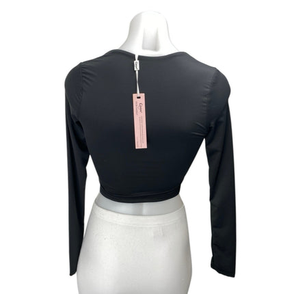 NEW Qinsen Women's Black Square Neck Long Sleeve Slim Stretch Crop Blosue Top S