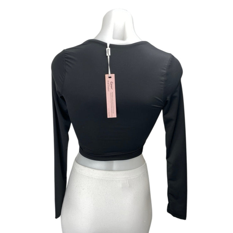 NEW Qinsen Women's Black Square Neck Long Sleeve Slim Stretch Crop Blosue Top S