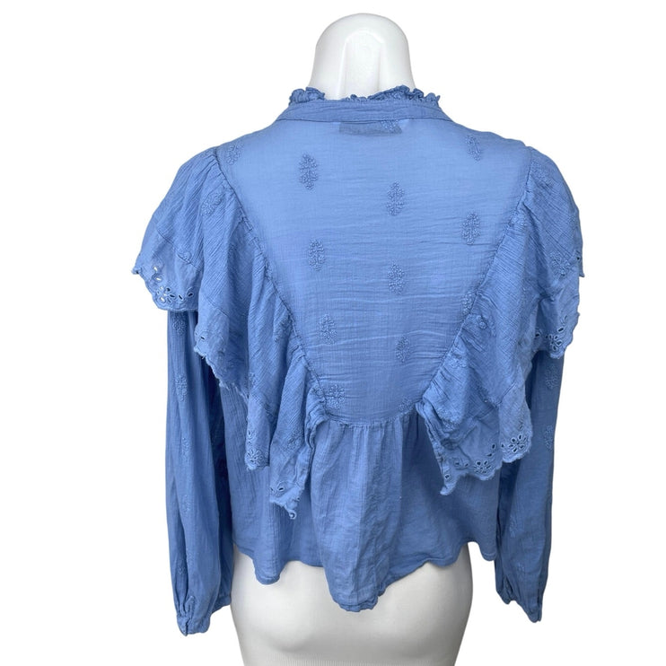 Zara Blue Eyelet Embroidered Ruffle Frill Peplum Long Sleeve Blouse Shirt Top M