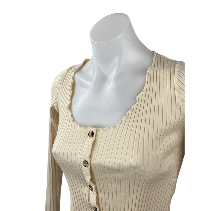 Topshop Women's Cream Ribbed Knit Lettuce Long Sleeve Button Up Crop Top Size 4