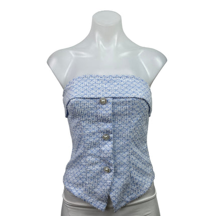 Shein Women's Blue Tweed Strapless Tube Bandeau Button Up Blouse Top Size S