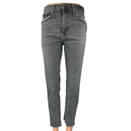 Zara Women's Black High Waist Frayed Raw Hem Straight Skinny Denim Jeans Pants 6