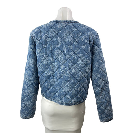 Rachel Zoe Womens Blue Long Sleeves Floral Print Quilted Denim Jeans Jacket Sz M
