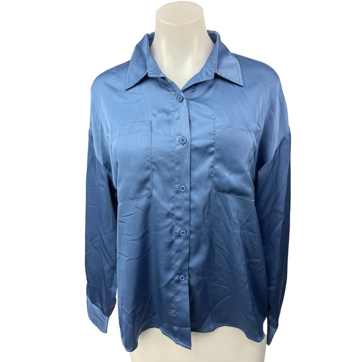 Vici Women's Blue Silk Satin Button Down Collar Long Sleeve Shirt Blouse Top S