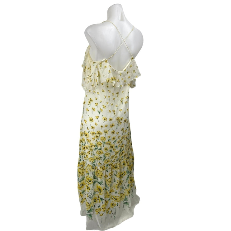 Zara White Yellow Cold Shoulder Floral Scoop Neck Cami Cross Back Midi Dress S