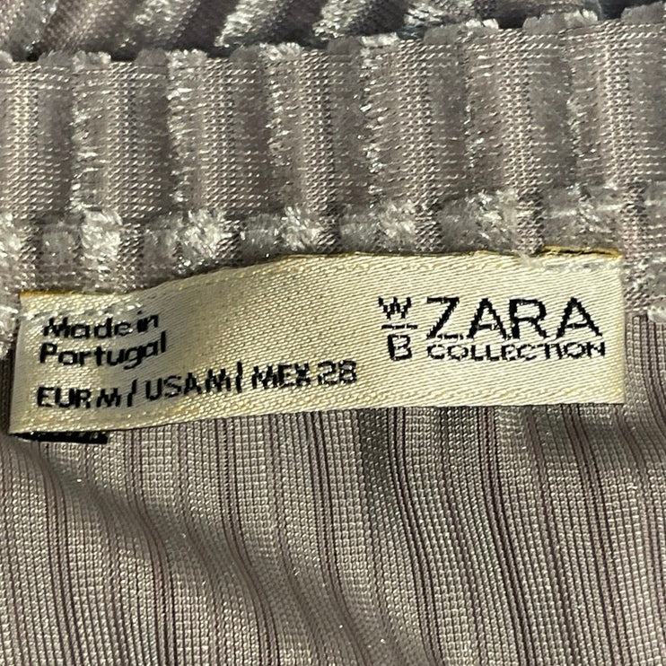 Zara Womens Gray Velvet Velour Short Sleeve Elasticated Bottom Crop Blouse Top M