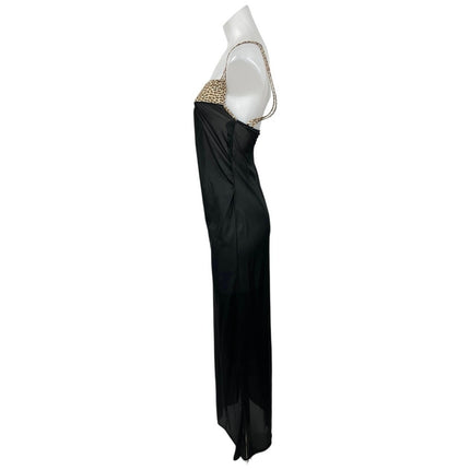 Women's Black Leopard Sleeveless Sheer Mesh Tank Cami Maxi Slip Dress Size M