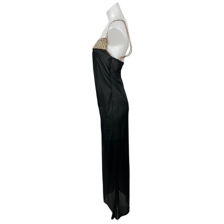 Women's Black Leopard Sleeveless Sheer Mesh Tank Cami Maxi Slip Dress Size M