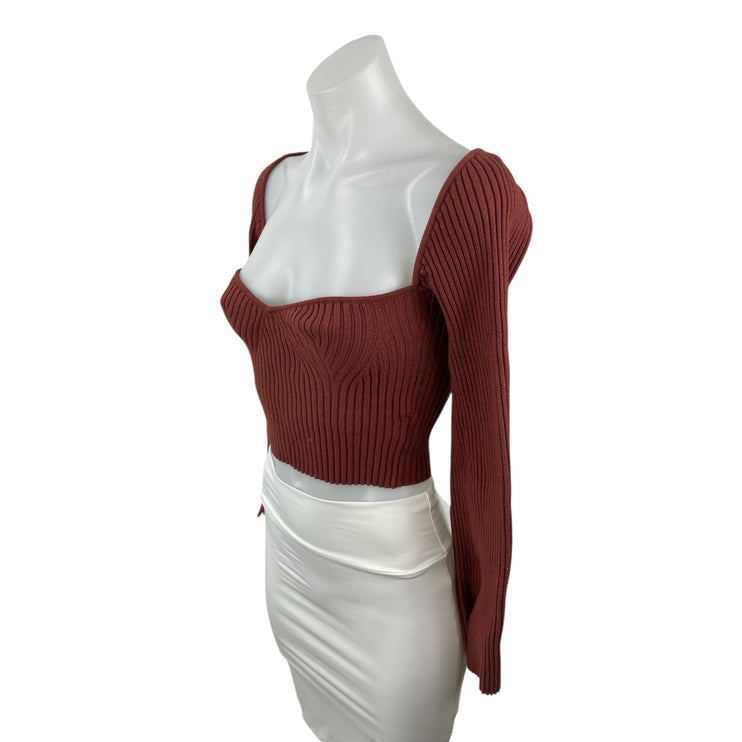 Urban Outfitters Brown Ribbed Knit Long Sleeve Bustier Corset Crop Top Size M