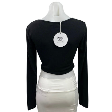 NEW Princess Polly Amala Black Ribbed Knit Cutout Tie V Neck Crop Top Size 8