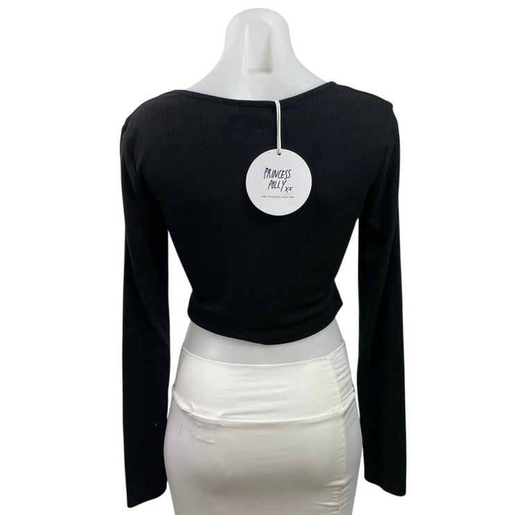 NEW Princess Polly Amala Black Ribbed Knit Cutout Tie V Neck Crop Top Size 8