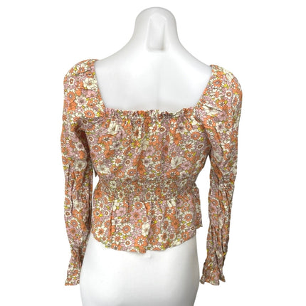 NEW SO Women's Multicolor Floral Long Sleeve Smocked Peplum Crop Blouse Top Sz S