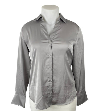 H&M Silver Gray Satin Collared Long Sleeve Office Button Down Shirt Blouse Top M
