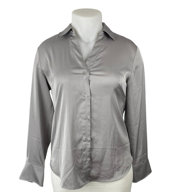 H&M Silver Gray Satin Collared Long Sleeve Office Button Down Shirt Blouse Top M