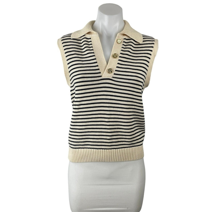 NetWork Women's Cream Black Striped Sleeveless Knit Polo Vest Sweater Top Size S