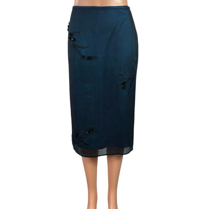 Mixit Blue 100% Silk Embroidered Floral High Waist Midi Pencil Skirt Size S