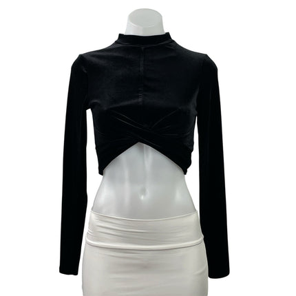 Forever 21 Women's Black Velvet Velour Mock Neck Long Sleeve Crop Top Size S