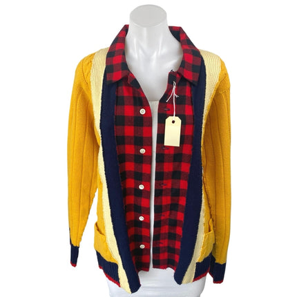 Upcycled Handmade Women's Yellow Red Plaid Flannel Shirt Cardigan Sweater Top OS