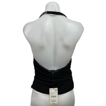 NEW Zara Black Halter Cowl Neck Silver Glitter Strap Open Back Blouse Top Size S