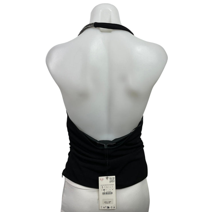 NEW Zara Black Halter Cowl Neck Silver Glitter Strap Open Back Blouse Top Size S