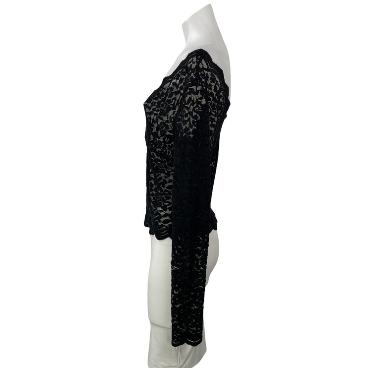 Zara Women's Black Long Sleeves Floral Lace Sheer Plunging V-neck Blouse Top L