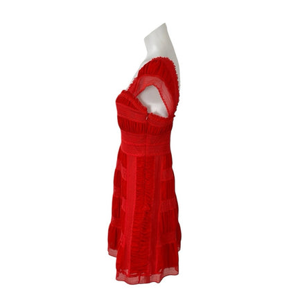 Free People Alicia Tomato Red Lace Short Sleeve Tiered A Line Mini Dress Size 2