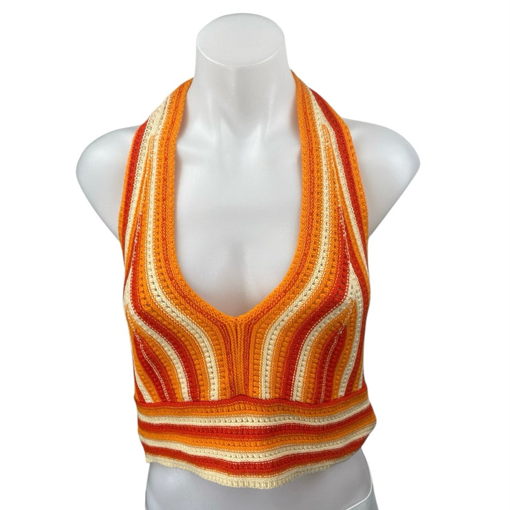 Shein Orange Crochet Knit Sleeveless Halter Cami Camisole Crop Tank Top Size 12