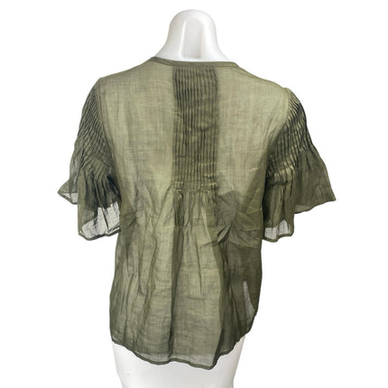 Banana Republic Green Pleated Short Flutter Sleeve Button Up Blouse Shirt Top S