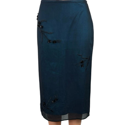 Mixit Blue 100% Silk Embroidered Floral High Waist Midi Pencil Skirt Size S
