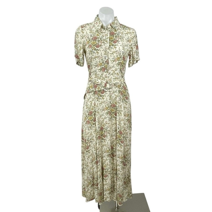 Zara Beige Floral Short Sleeve Belted Collared Shirt A Line Maxi Dress Size S