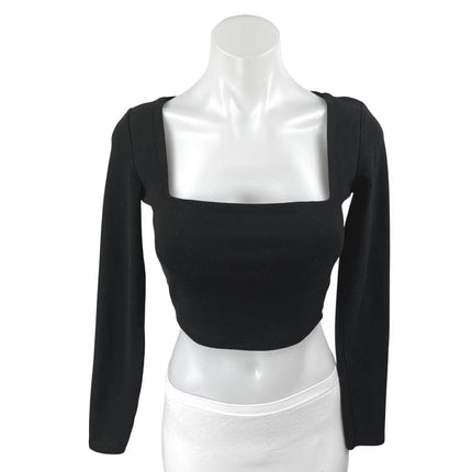 Zara Women's Black Long Sleeve Square Neck Blouse T Shirt Tee Crop Top Size M
