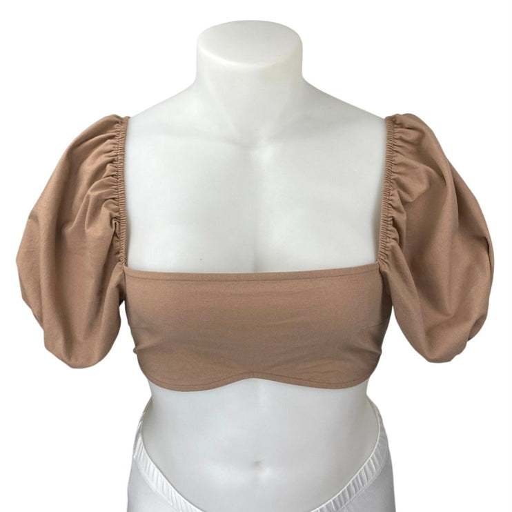 SABO Women's Tan Linen Short Puff Sleeve Bandeau Tube Blouse Crop Top Size M
