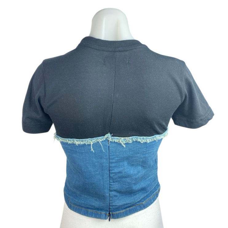Thrill Women Blue Black Patchwork Colorblock Denim Jeans Frayed Tshirt Tee Top M