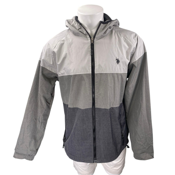 U.S. Polo Assn Men's Gray Black Colorblock Hoodie Hooded Windbreaker Jacket L