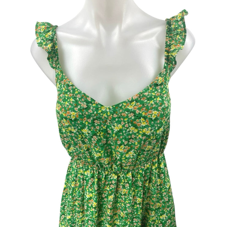 Jessica Simpson Green Floral Sleeveless Ruffle Cami Midi A-Line Tank Dress Sz XS