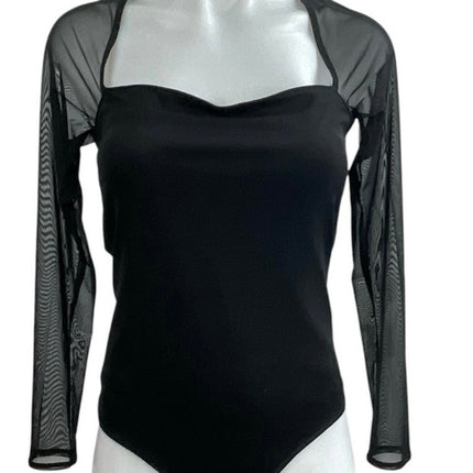 Abercrombie & Fitch Black Sweetheart Neck Mesh Sheer Long Sleeve Bodysuit Top M