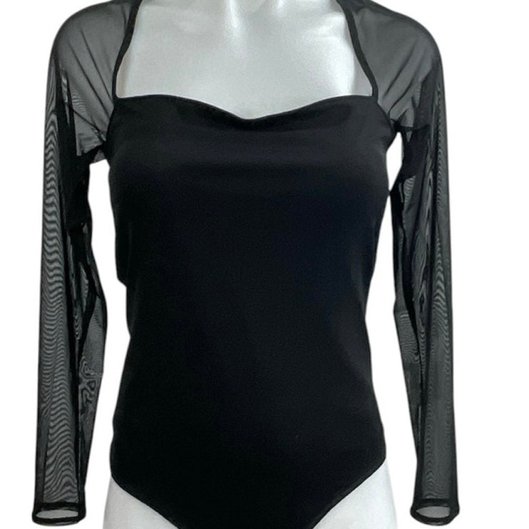 Abercrombie & Fitch Black Sweetheart Neck Mesh Sheer Long Sleeve Bodysuit Top M