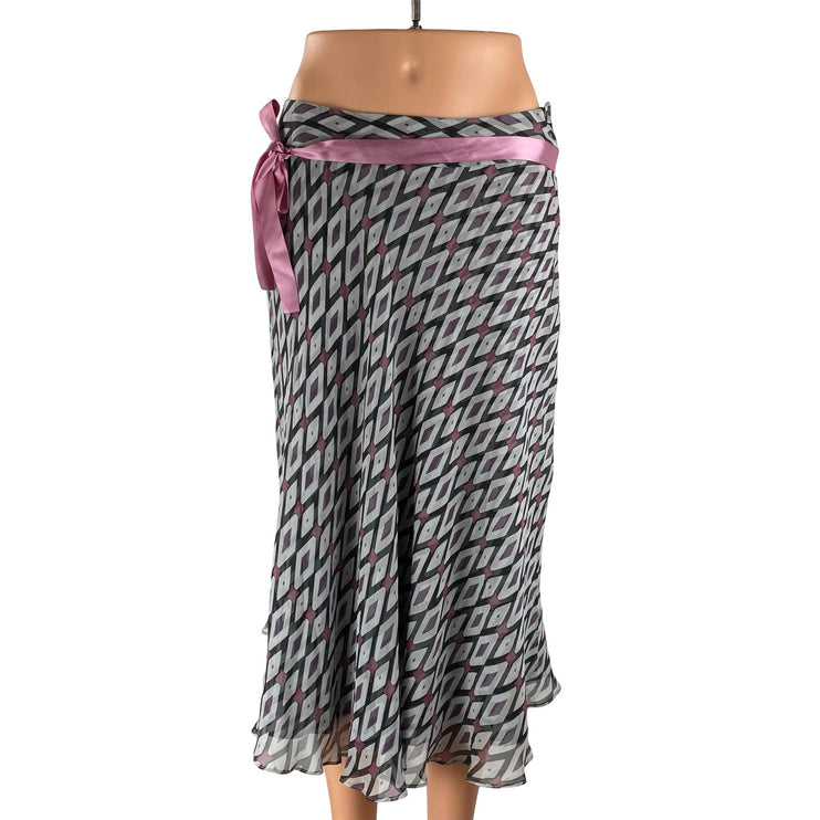 Jones New York Multicolor Satin Bow Tie Belt Geometric Flare Midi Skirt Size 28