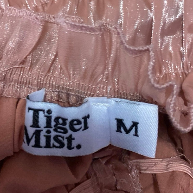 Tiger Mist Pink Metallic Ruched Cinched Short Puff Sleeve Crop Blouse Top Size M