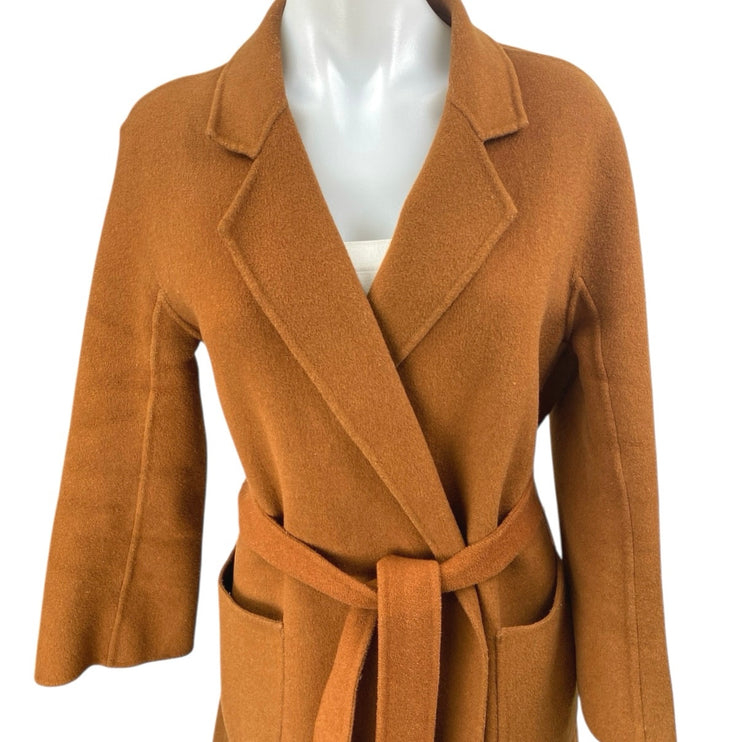 Genuine People 100% Wool Brown Long Sleeve Pockets Belted Trench Coat Jacket XS