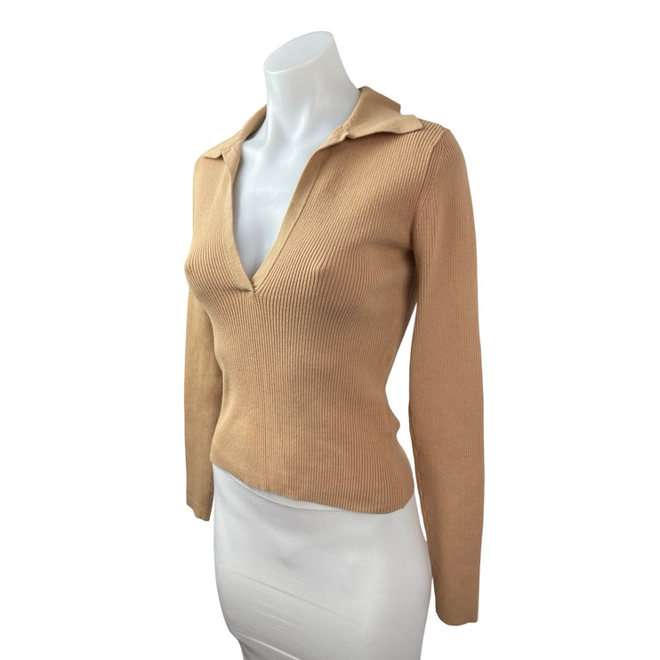 Intermix Nina Women's Ribbed Long Sleeve Collared V Neck Crop Sweater Top Sz P/S