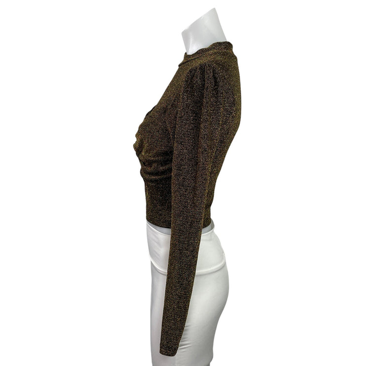 Milk & Honey Brown Metallic Twist Front Cutout Long Sleeve Crop Blouse Top Sz S