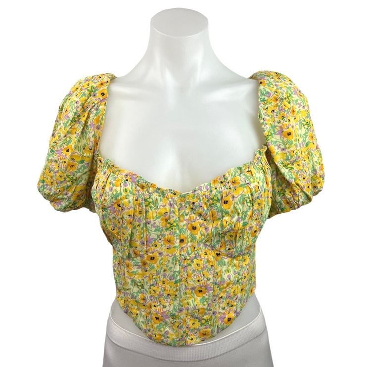 ASTR Yellow Floral Smocked V Neck Back Zip Chic Puff Sleeve Crop Top Size L