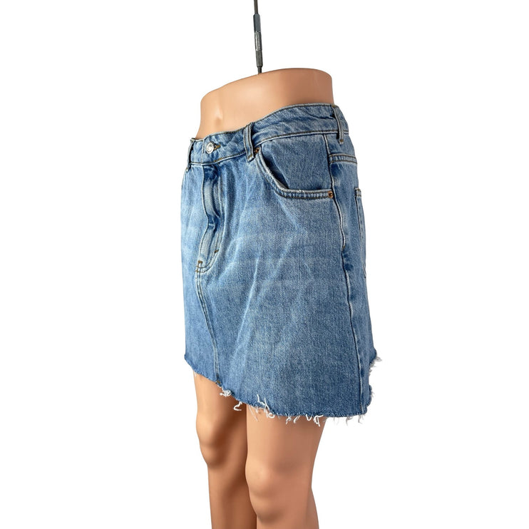 Topshop Moto Women Blue Medium Wash High Waist Raw Hem Pencil Denim Jean Skirt 8
