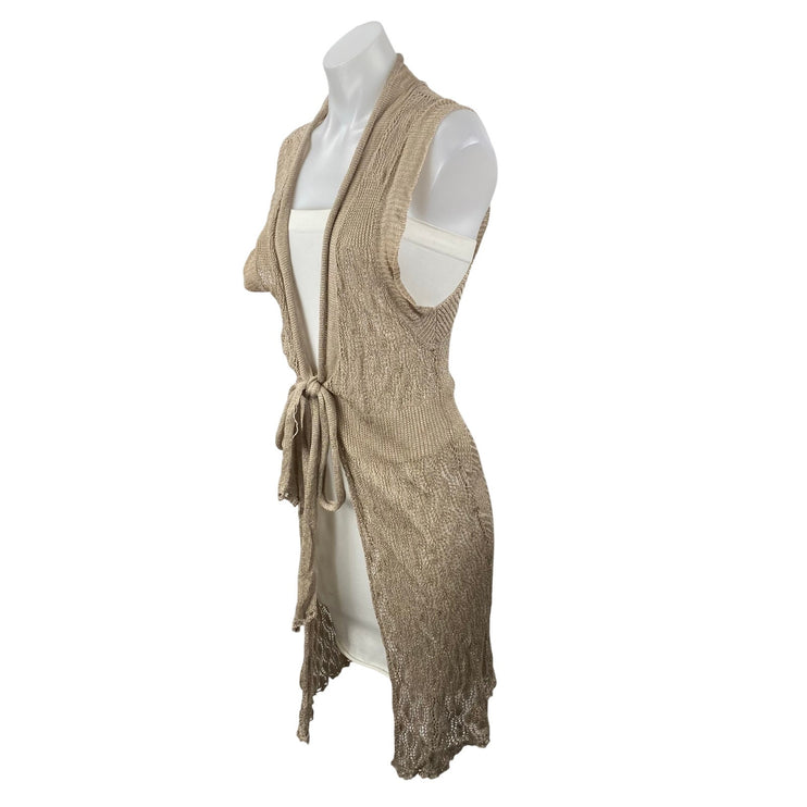 Cupio Beige Linen Sleeveless Tie Front Pointelle Longline Sweater Cardigan Top L