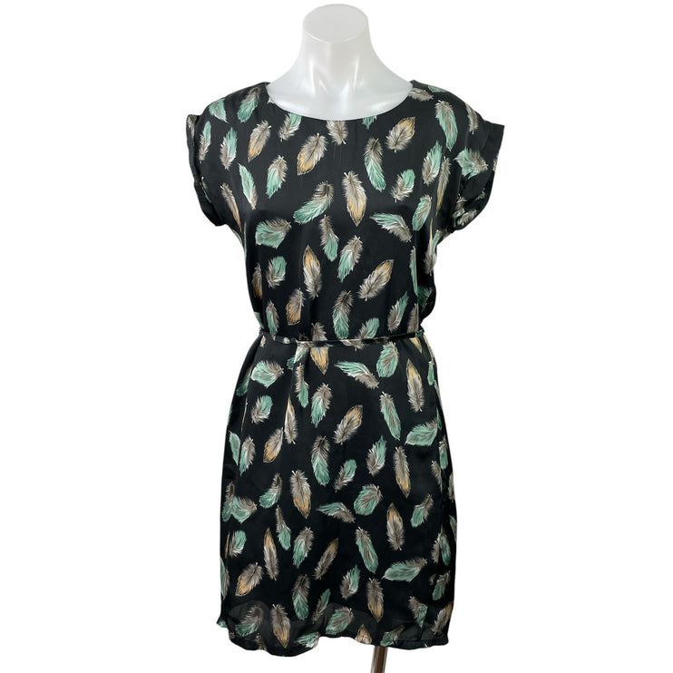 ARW 51 NYC Black Feather Short Sleeve Graphic Tie Waist A Line Mini Dress Size 4